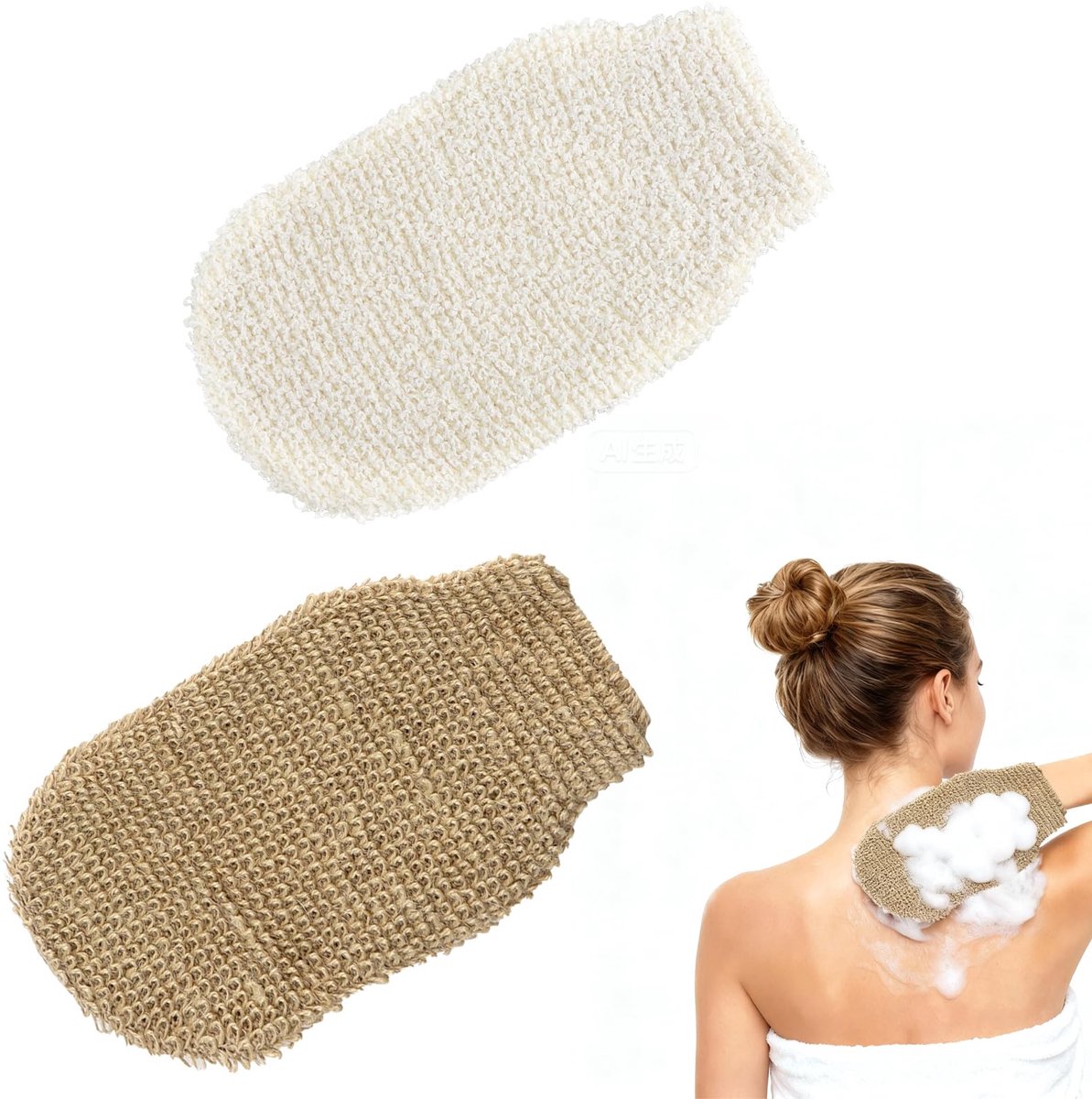 Scrubhandschoenen lichaam van natuurlijke vezels (jute rame), douchehandschoenen, zacht/intensief, 22 x 11 cm, sneldrogend, voor douche, sauna/hammam