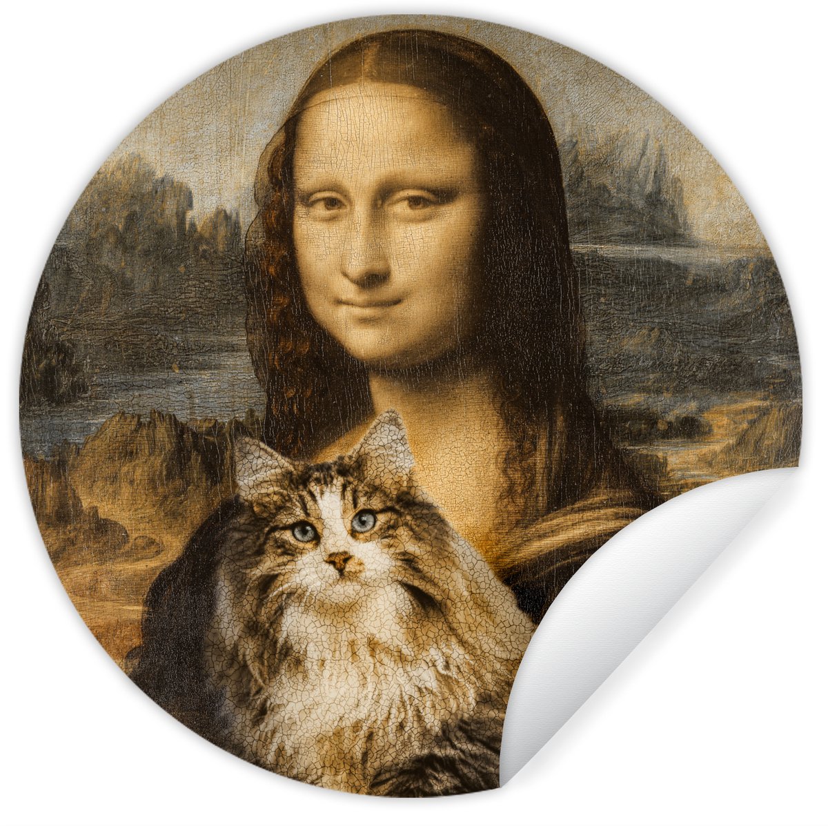 WallCircle Behangcirkel 80x80 cm - Muurstickers Mona Lisa - Kat - Leonardo da Vinci - Vintage - Kunstwerk - Oude meesters - Schilderij - Muurcirkel woonkamer - Wandcirkel slaapkamer - Kamer decoratie zelfklevend - Muurdecoratie accessoires