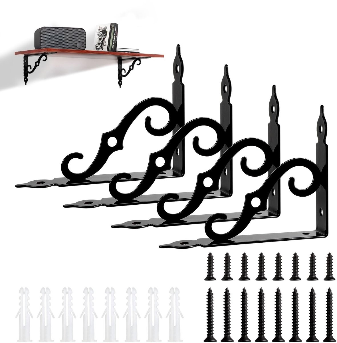 Dailygoods - LALAGO 4 stuks plankhouders zwart metaal 14 cm, plankhoek zwart, plankdrager vintage, antieke stijl S-vormige plankhouder, zwaarlasthoek voor wandregal, zweefregal, wandsteun, plank