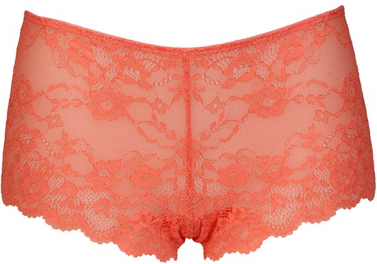 Coral kanten hipster met bloemenpatroon en golvende rand.