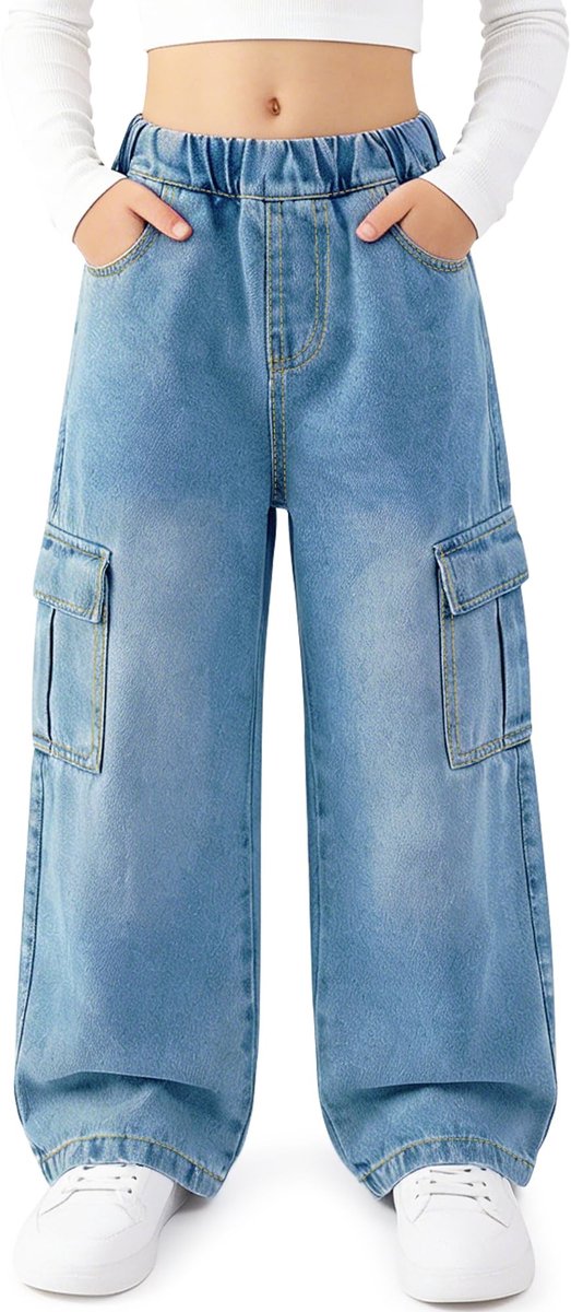 Dailygoods - Baggy Cargobroek voor Meisjes, Elastische Broek met Hoge Taille en Wijde Pijpen Jeansbroek met Meerdere Zakken Loszittende Jeansbroek voor Tieners 7-15 Jaar