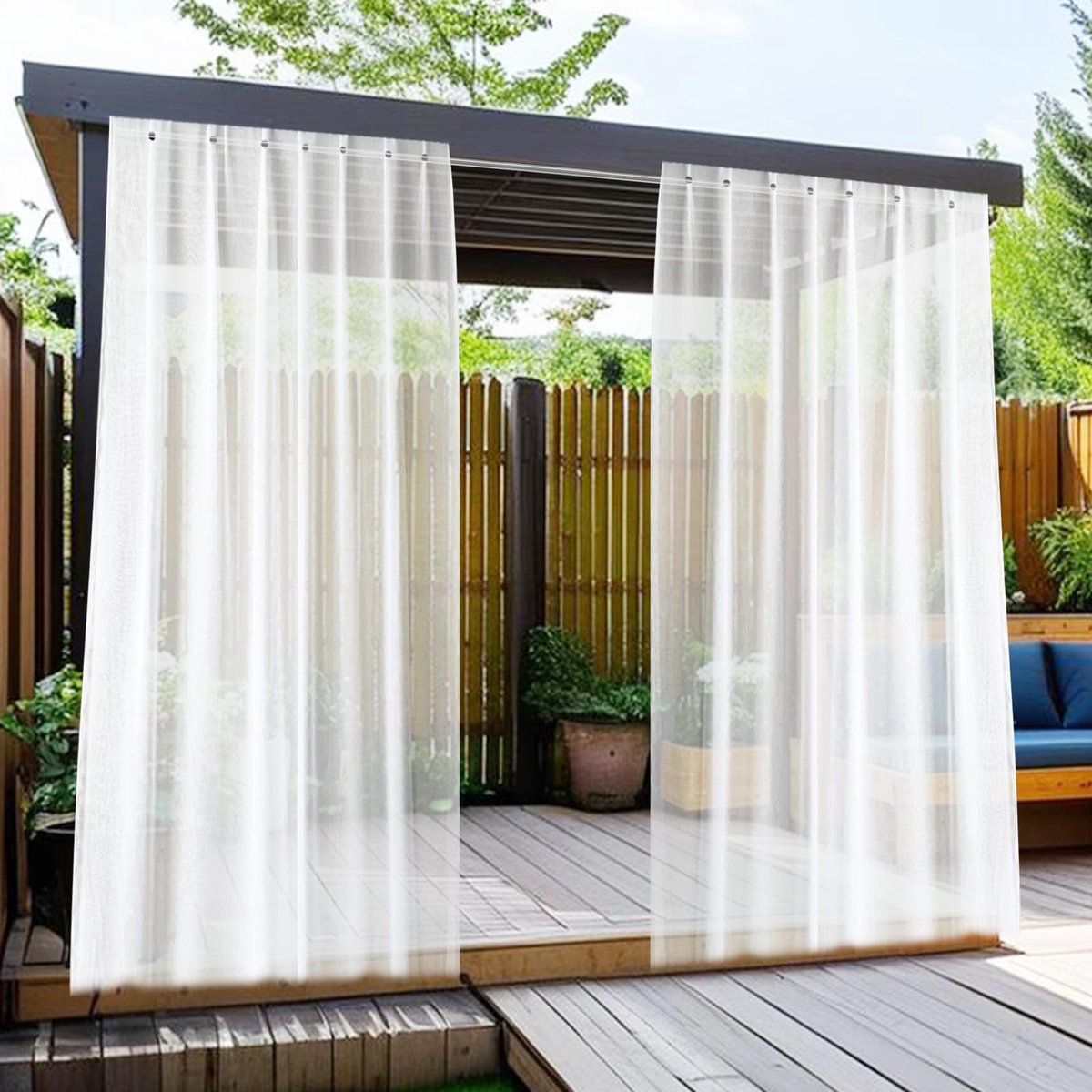 Gordijn, weerbestendig, transparant, met ingestanste ringen, 2 stuks gordijn, waterdicht (b x h), 132 x 213 cm (b x h), balkongordijnen, buitengordijn voor paviljoen, woonkamer, terras