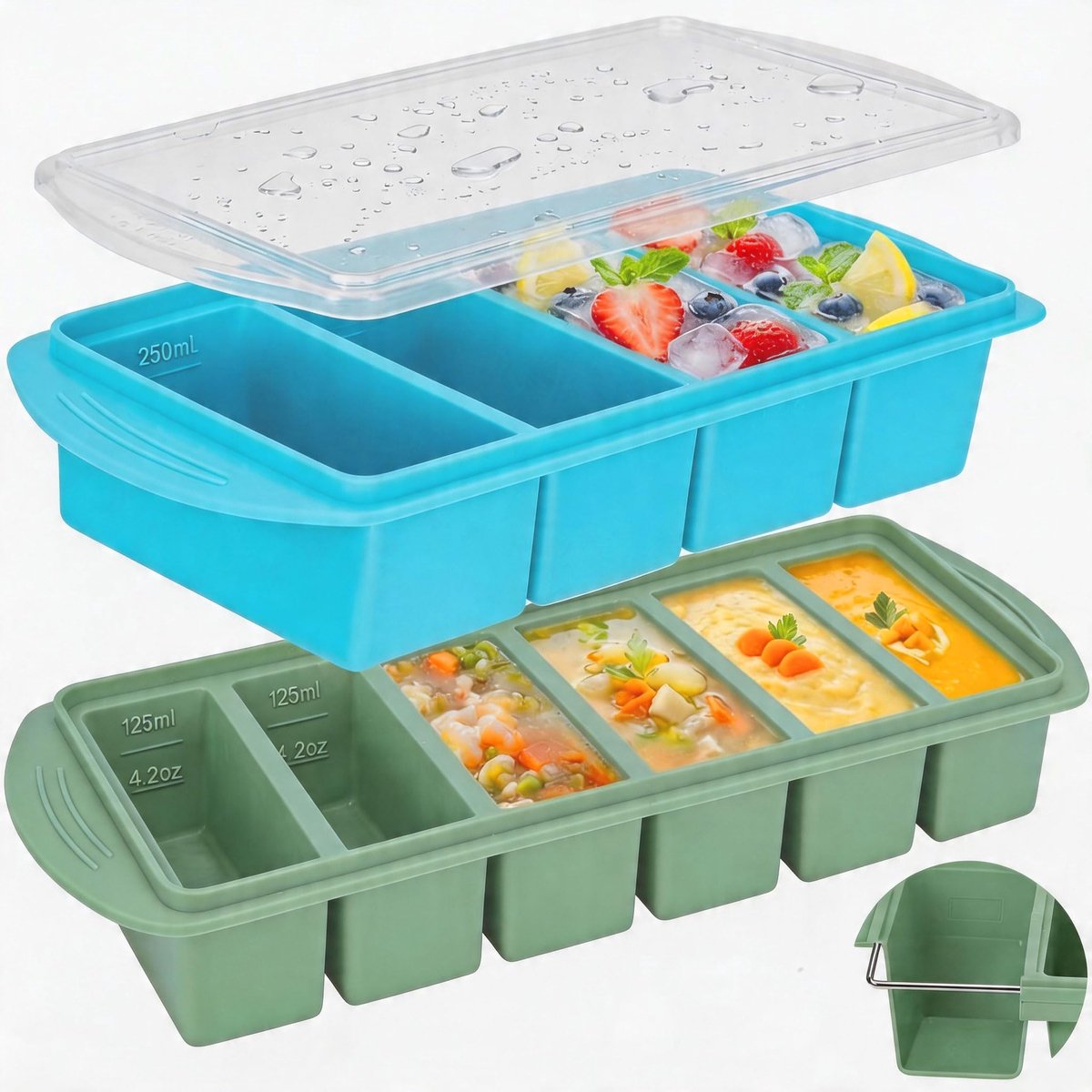 2 vriesdozen van siliconen met deksel, souper cube, container voor het invriezen van soepen met 6/4 gaten, vormen voor vriezer van siliconen, groot dienblad van siliconen voor soep, bouillon