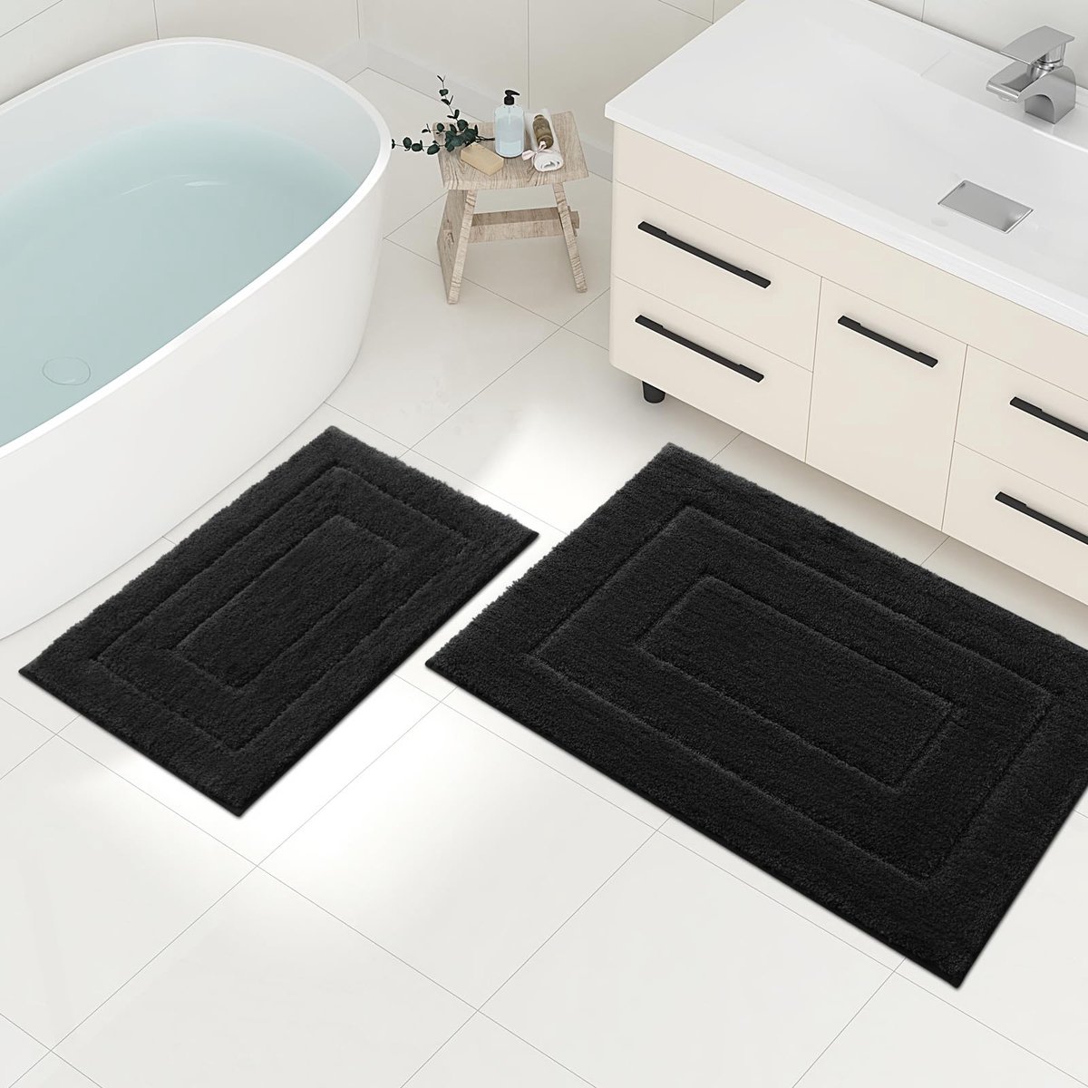 Badmatten, 2-delige set, microvezel, badmat, antislip, wasbaar, zacht, waterabsorberend, badmat voor badkamer, 40 x 60 cm + 50 x 76 cm, zwart