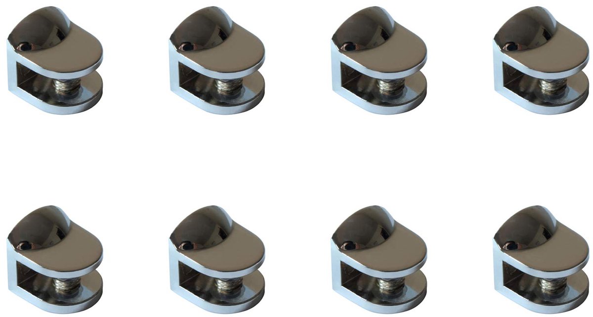 glasklem, gebogen design, set van 8, glazen plankdragers 22 x 22 x 22 mm, gepolijst chroom, verstelbare glashouder met kunststof inzetstuk voor 4-8 mm