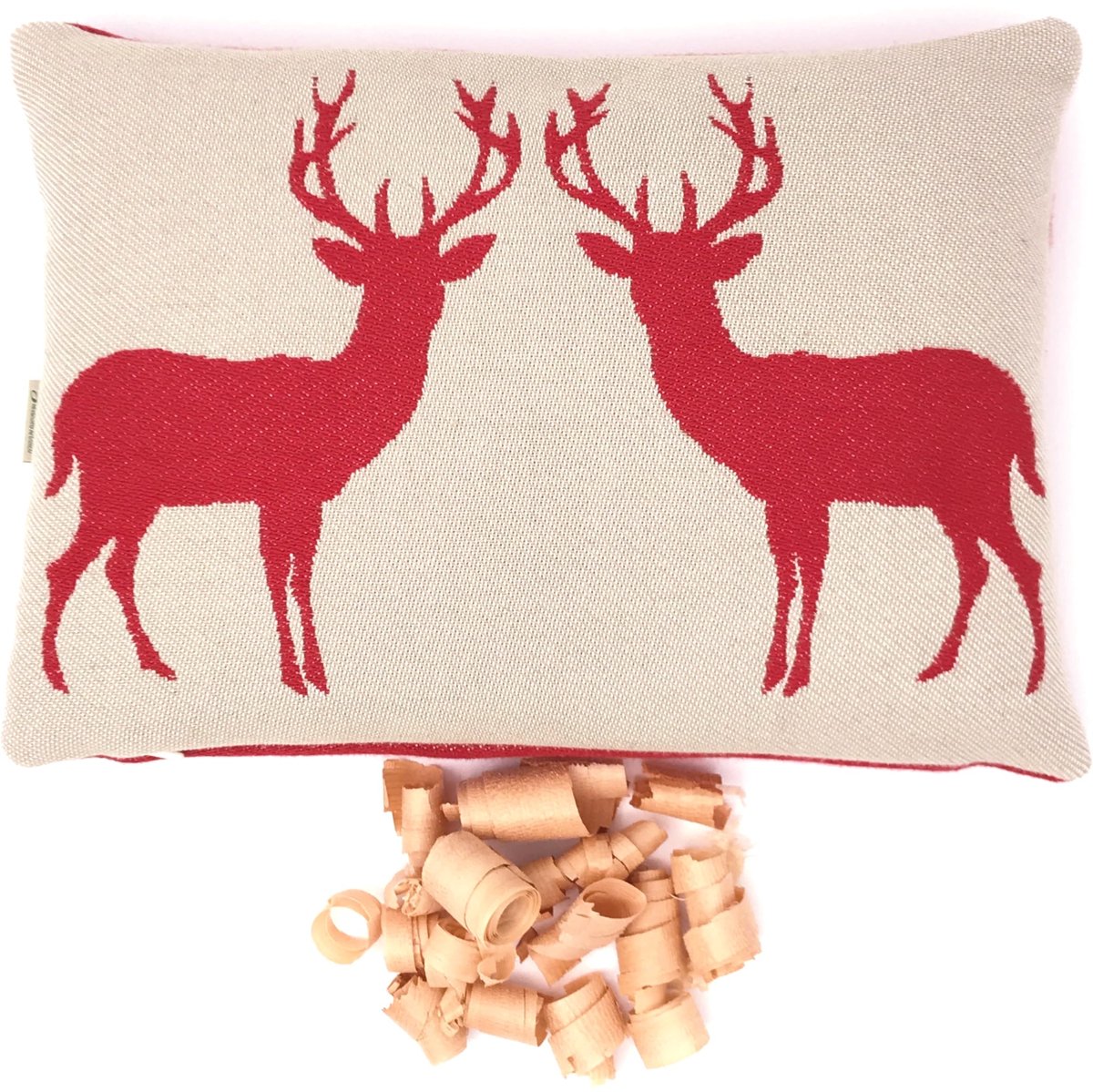 Wellness-kussen met armenstrikken – jacquard van 100% katoen – vakmanschap uit Zuid-Tirol – Tiroler stijl – hert rood, beige, dubbelzijdig – 20 x 30 cm