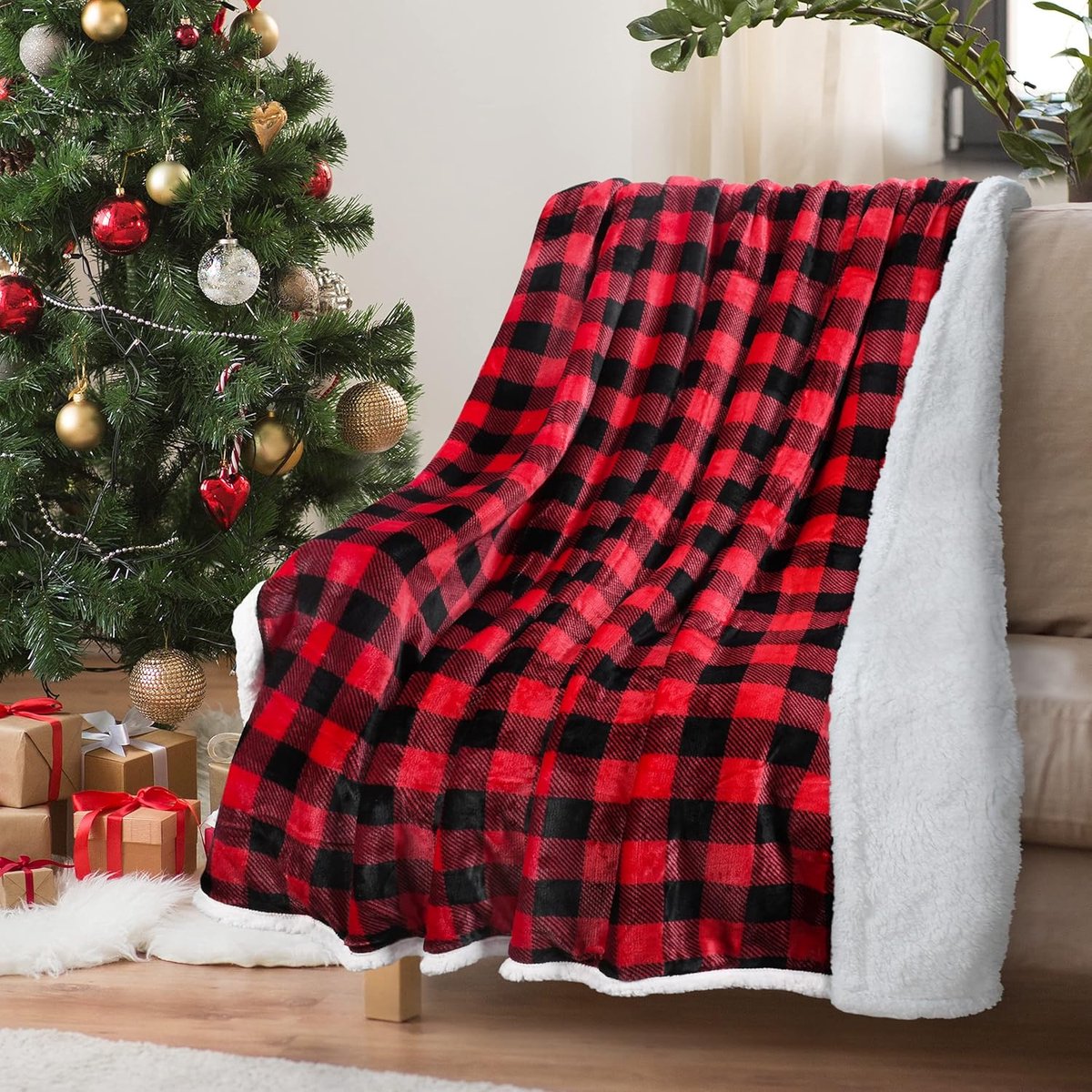 Classy Geruit sherpa-deken, sprei, wollige buffeldeken, Kerstmis, geruit, warme pluche microvezel, winterdeken voor bank, slaapbank, 150 x 130 cm, rood plaid