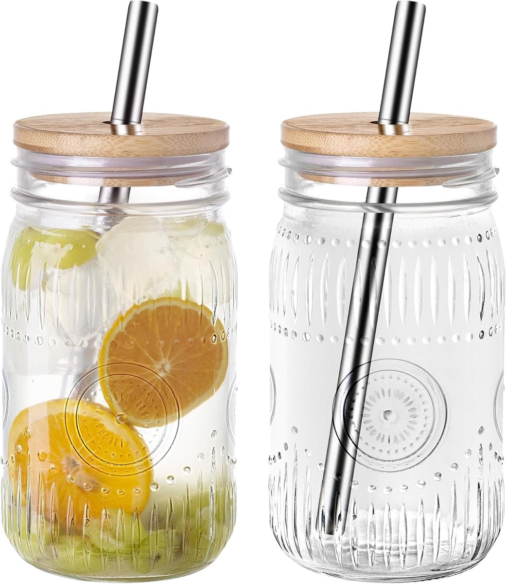 Set van 2 Glazen Bubble Glazen 1000ml/32oz, Glas met Deksel en Roestvrijstalen Rietje, Luchtdicht en Waterdicht Ontwerp voor Latte, Matcha, Cocktail, Koffie, Smoothie, Milkshake en Sap