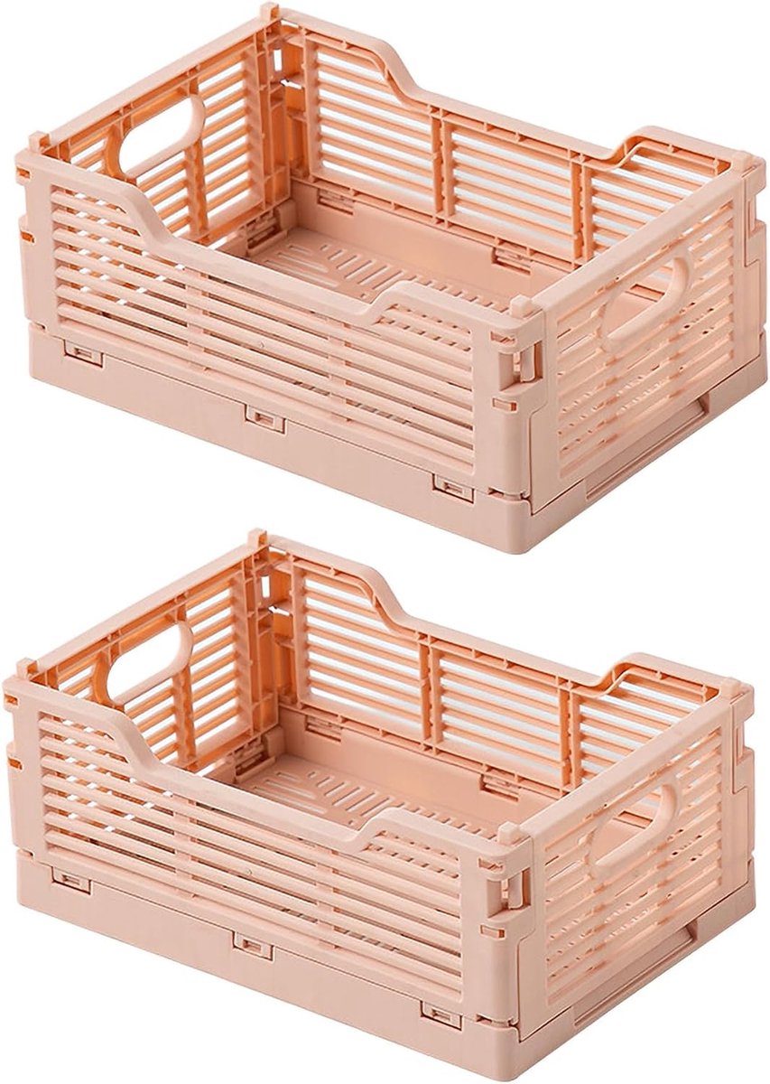 2 stuks opvouwbare opbergkratten stapelbare opvouwbare kratten opbergdozen plastic opvouwbare manden voor kantoor thuis (roze, 22 x 15 x 9 cm)