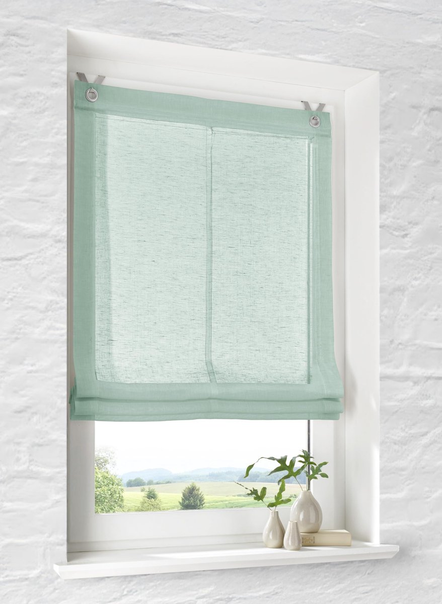 Vouwgordijn met oogjes Brondy groen semi-transparant linnenlook vouwgordijn met haakophanging zonder boren breedte 45 cm x hoogte 140 cm