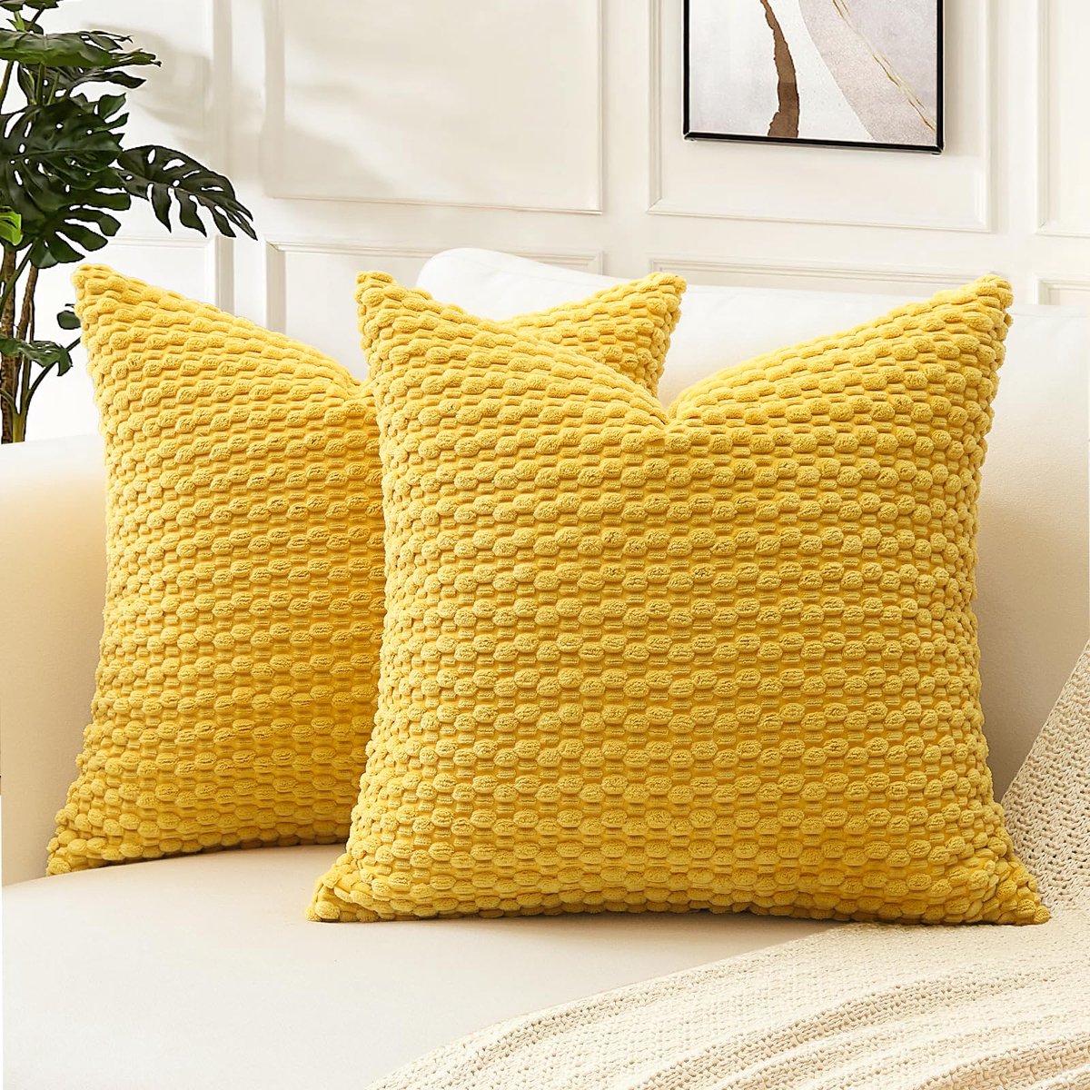 Pompoms decoratieve corduroy kussenslopen 55 x 55 cm, super zachte, boho, gestreepte vierkante kussenslopen, geometrische hoes voor bank, slaapkamer, auto, decoratie, set van 2, mosterdgeel