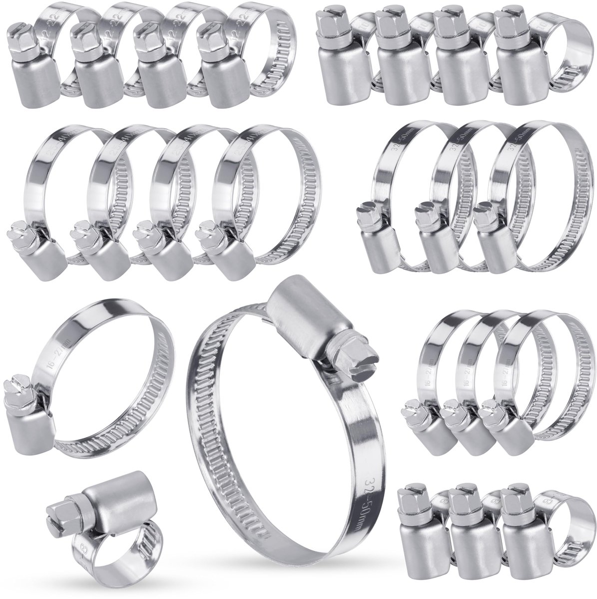 Slangklemmen 6 verschillende maten 8 mm tot 50 mm (4 stuks per maat), met bandbreedte 9mm, W4-kwaliteit