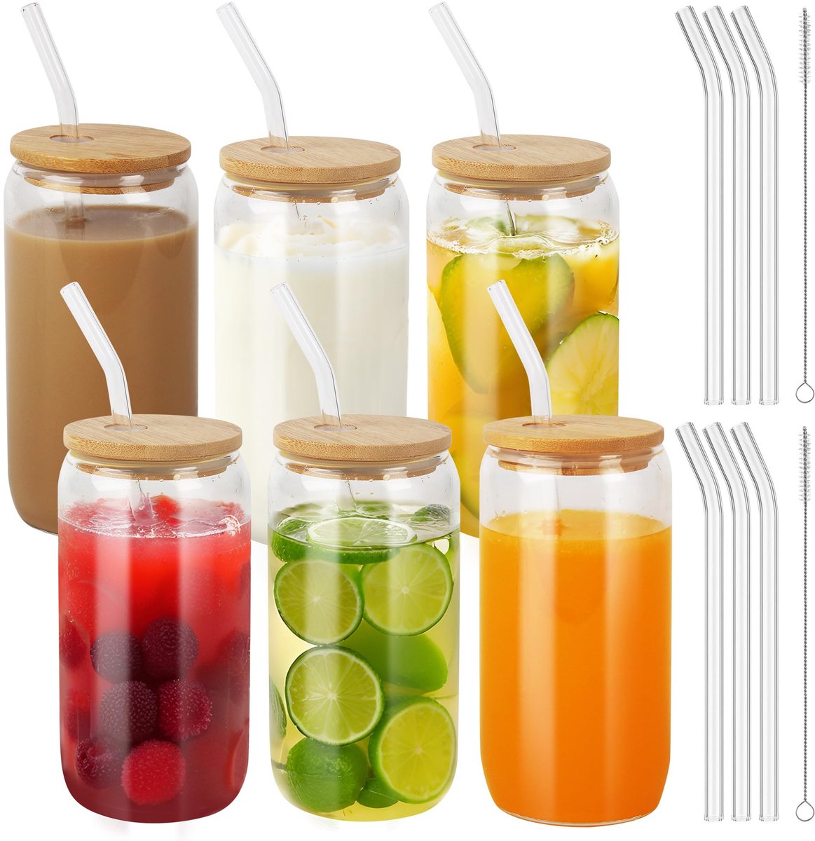 Set van 6 glazen met deksel en rietje, 500 ml drinkglazen met deksel, cocktailglazen, glazen set, voor drinkglazen in blik, ijskoffieglas, cocktails