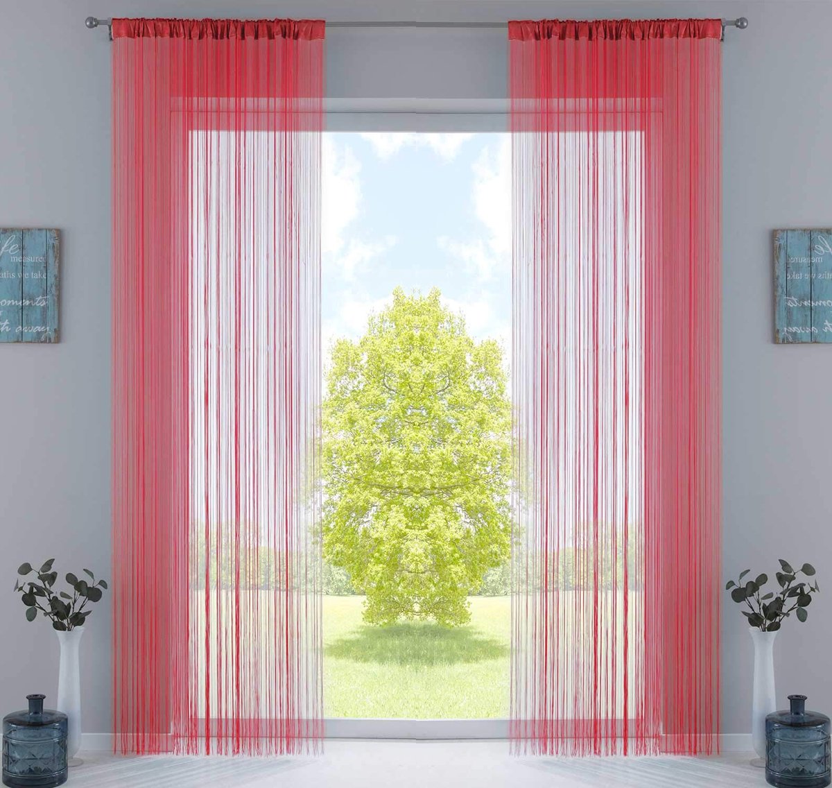 Set van 2 draadgordijnen, H x B 250 x 140 cm, rood met trekkoord en ingenaaide plooiband, geschikt voor gordijnroedes en gordijnrails, draadgordijnen, draadgordijnen, ruimteverdeler, 20303CN2