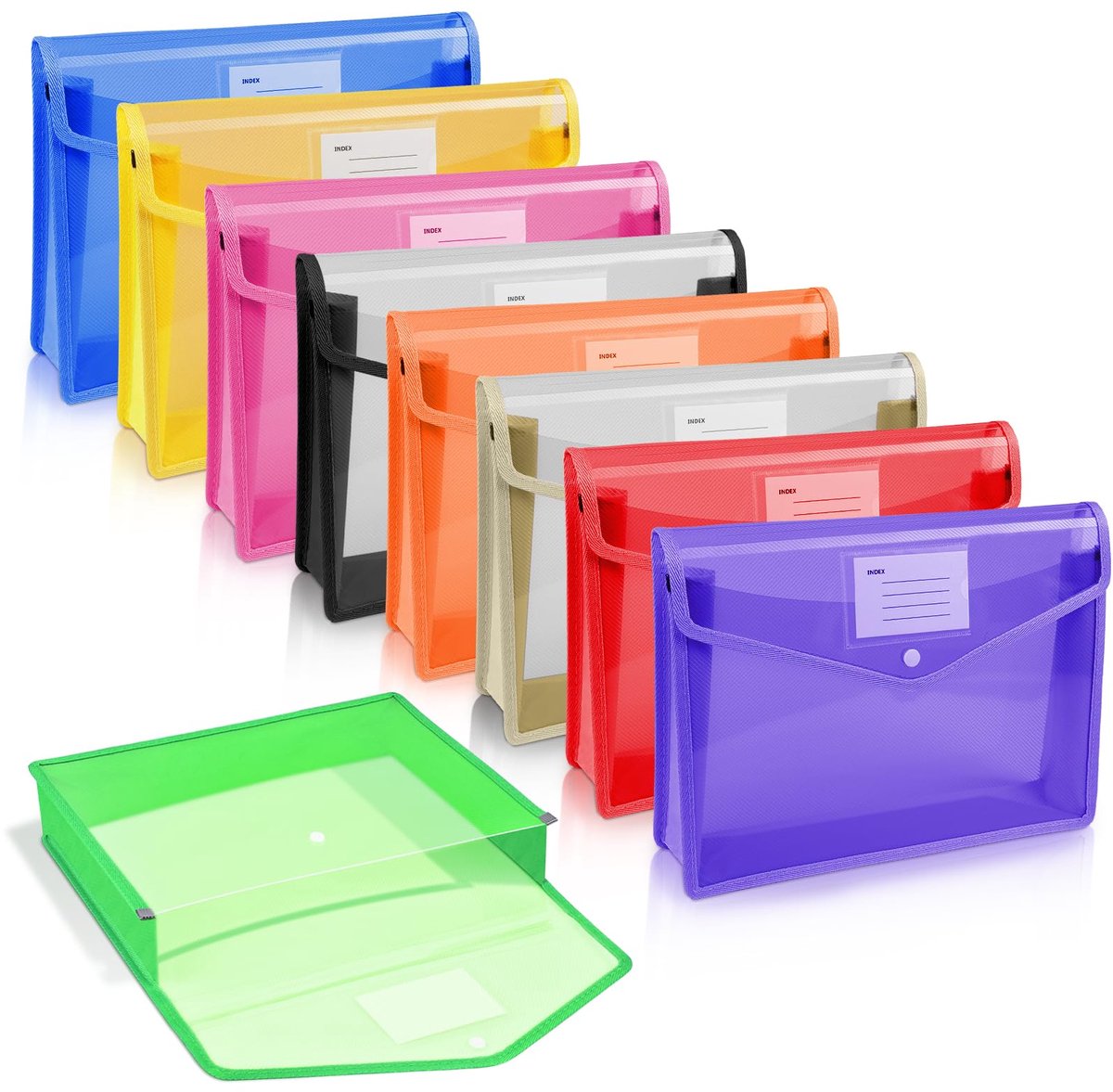 Vicloon A5 plastic mappen, 9 stuks Horizontaal kader plastic document, bestanden envelop voor school, kantoor, met kliksluiting en kaartsleuf (wit/blauw/geel/rood/groen/paars/oranje/rookgrijs/roze)