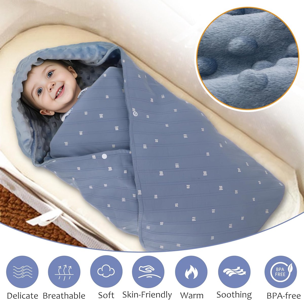 universeel, 100% katoen, 90 x 90 cm, dubbelzijdige knuffeldeken met capuchon voor buggy, autostoel, kinderwagen, babydeken, pasgeborenen, all-season deken, uniseks, blauw-grijs