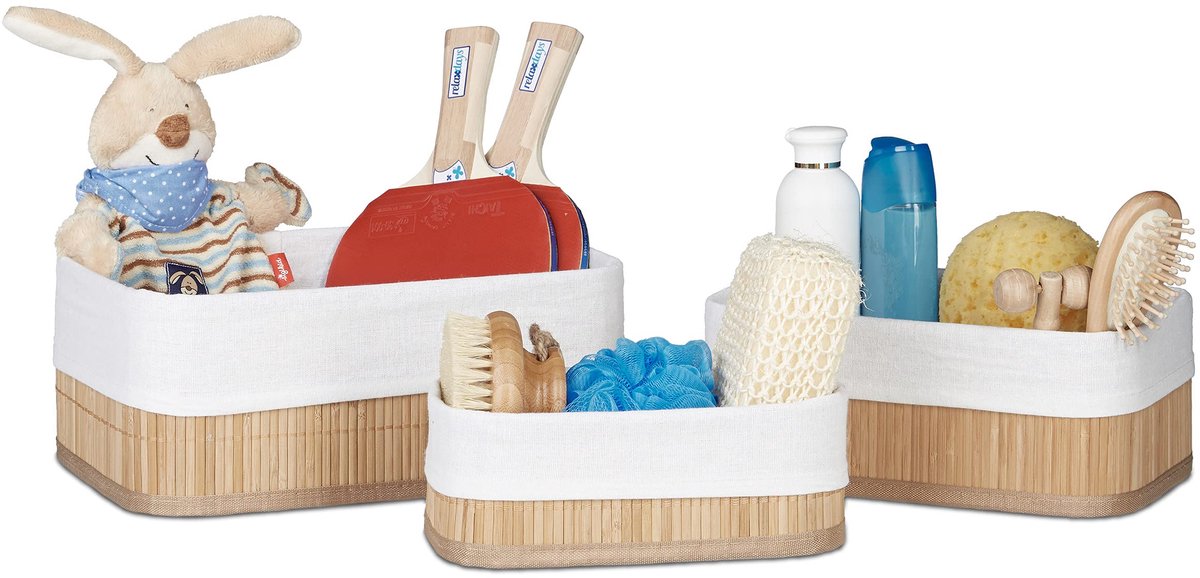 Opbergmand, met stof, bamboe, rechthoekig, 3 groottes, voor speelgoed, accessoires, badkamer, naturel