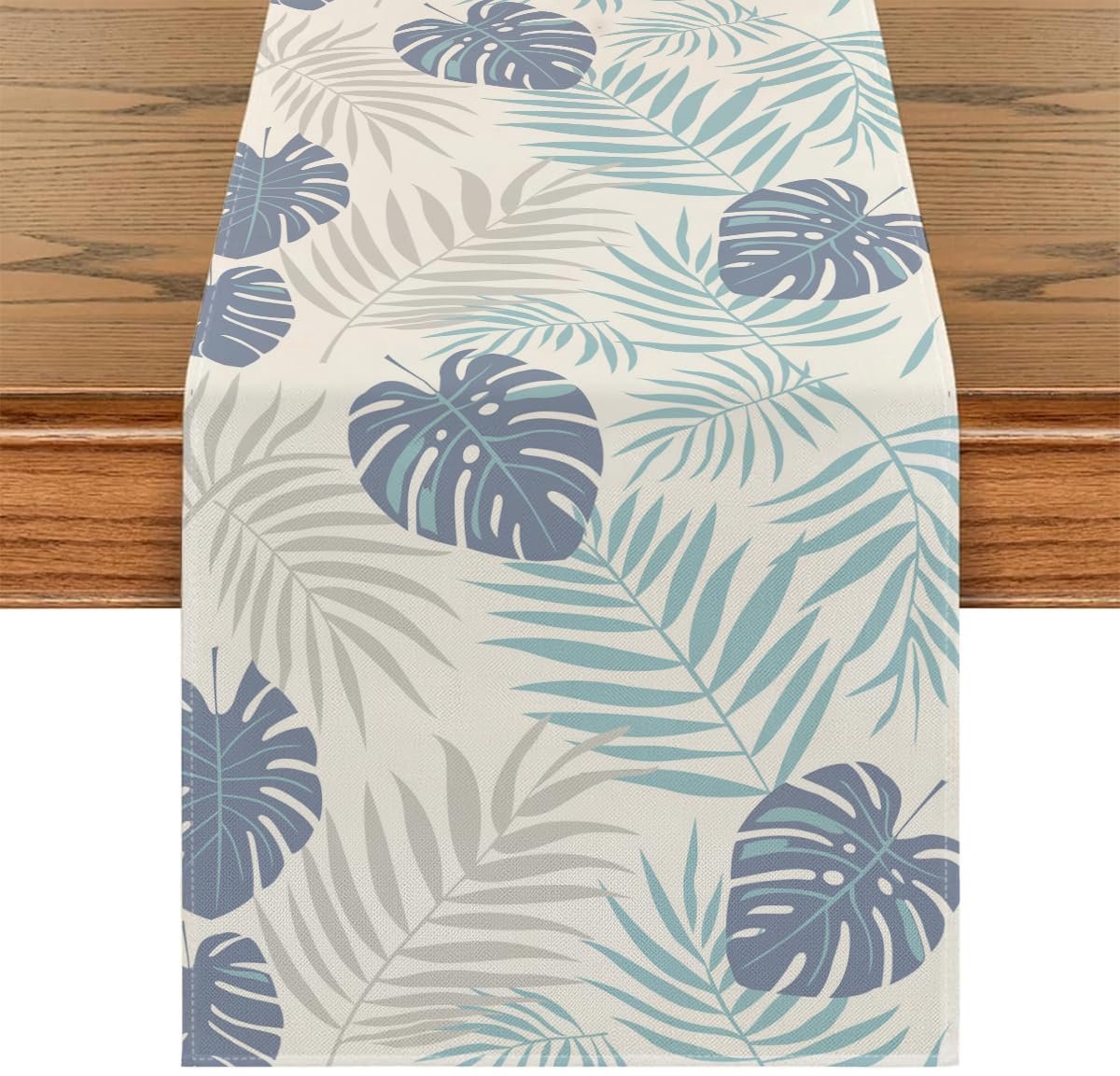 Tafelloper, blauw, grijs, 40 x 200 cm, wasbaar, polyester, linnen, tropische bladeren, Monstera, vuilafstotend, elegant, decoratief, voor vakantie, bruiloft, feest, keuken