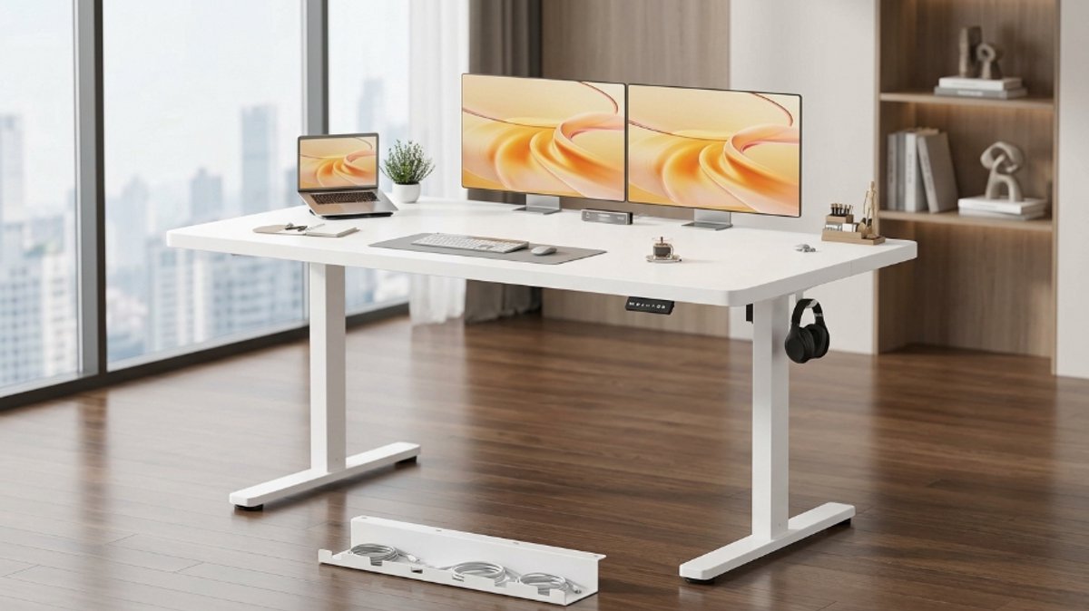 Elektrisch Zit-Sta Bureau 130 x 60 cm – Ergonomisch Hoogte Verstelbaar Bureau met 3 Geheugenstanden, Stille Motor, 80 kg Draagvermogen, Computerbureau, Werkbureau, Thuiskantoor, Kantoor – Wit – novihomestore