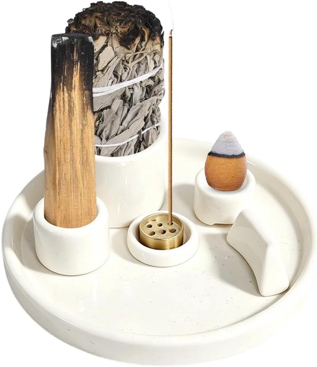 Multifunctionele keramische wierookstokjeshouder met asschaal voor salie en Palo Santo, ideaal voor yoga en meditatie