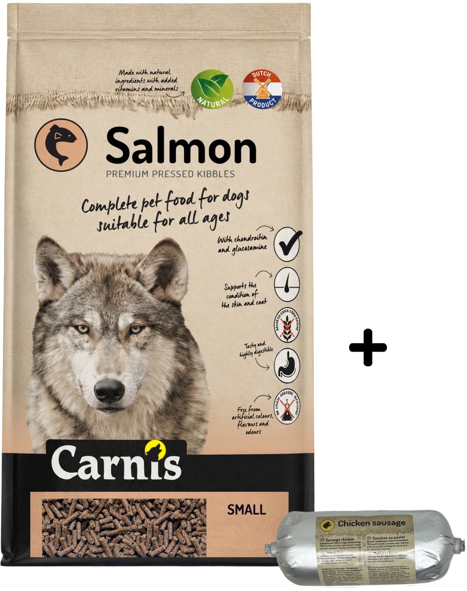 Carnis Carnis Salmon Small geperst hondenvoer 12,5 kg + Gestoomde worst kip 200gr - Hond