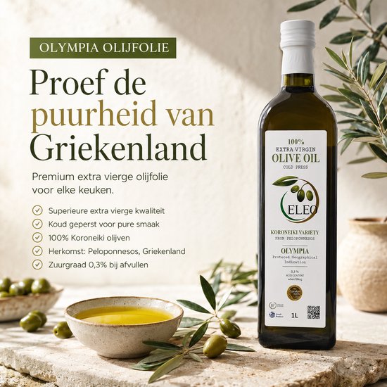 Een fles ELEO extra vierge olijfolie, met tekst 'Proef de puurheid van Griekenland' en een schaal olijfolie.
