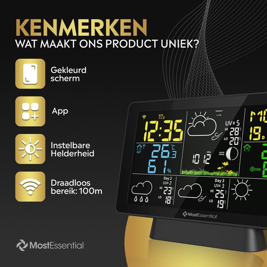 Zwart weerstation met kleurenscherm. Iconen voor gekleurd scherm, app, instelbare helderheid en 100m draadloos bereik.