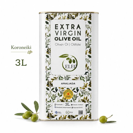 ELEO Olijfolie 3 liter Extra Vierge Amaliada – Zuurgraad <0,5% – 100% Koroneiki – Eerste Koude Persing – Delicaat & Rijk aan Antioxidanten – Internationale Medaille Winnaar