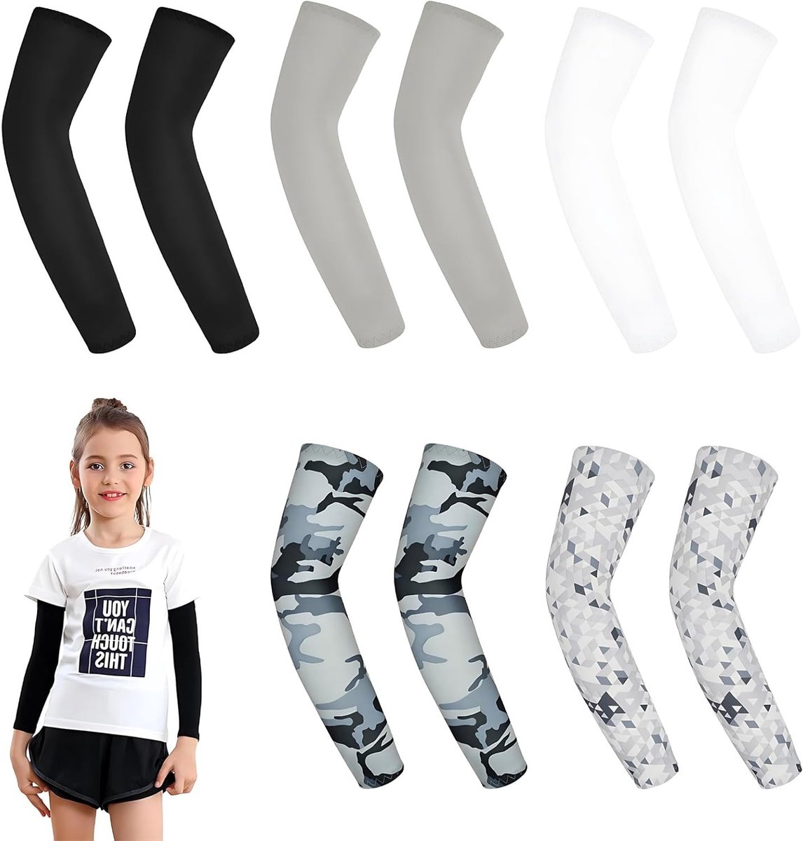 Arm sleeves voor kinderen - 5 paar compressie mouwen 36 cm, camouflage en effen kleuren, UV-bescherming voor buitensporten en activiteiten