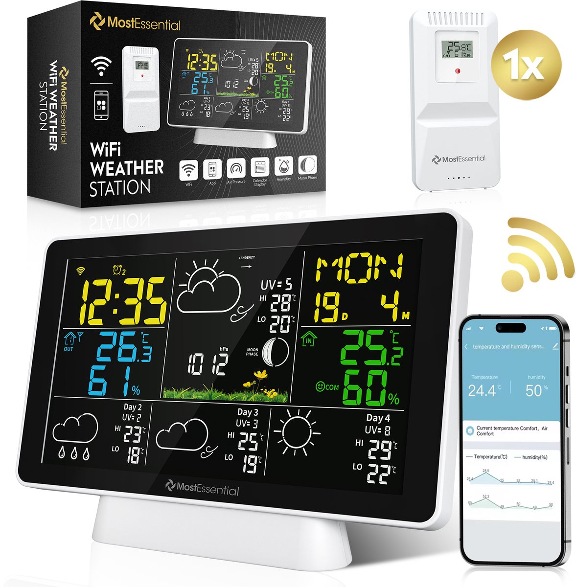 Bol.com MostEssential Weerstation Wifi Edition - Plug & Play Installatie - Draadloos - Weerstation met Buitensensor - Hygrometer... aanbieding