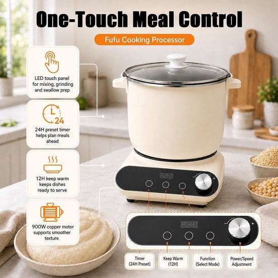Automatische Swallow Maker - Fufu Machine Yam - Eenvoudig Koken - Krachtige 900W Motor - 7L Capaciteit - Wit — afbeelding 4