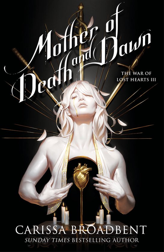 Couverture du livre : "Mother of Death and Dawn" avec une figure androgyne, un cœur doré et un fond noir.