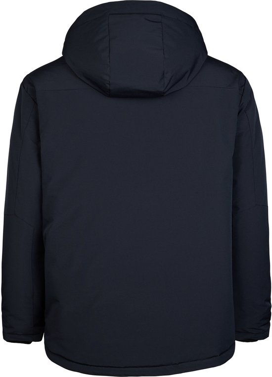 Donkerblauwe parka met capuchon, achterkant zichtbaar.