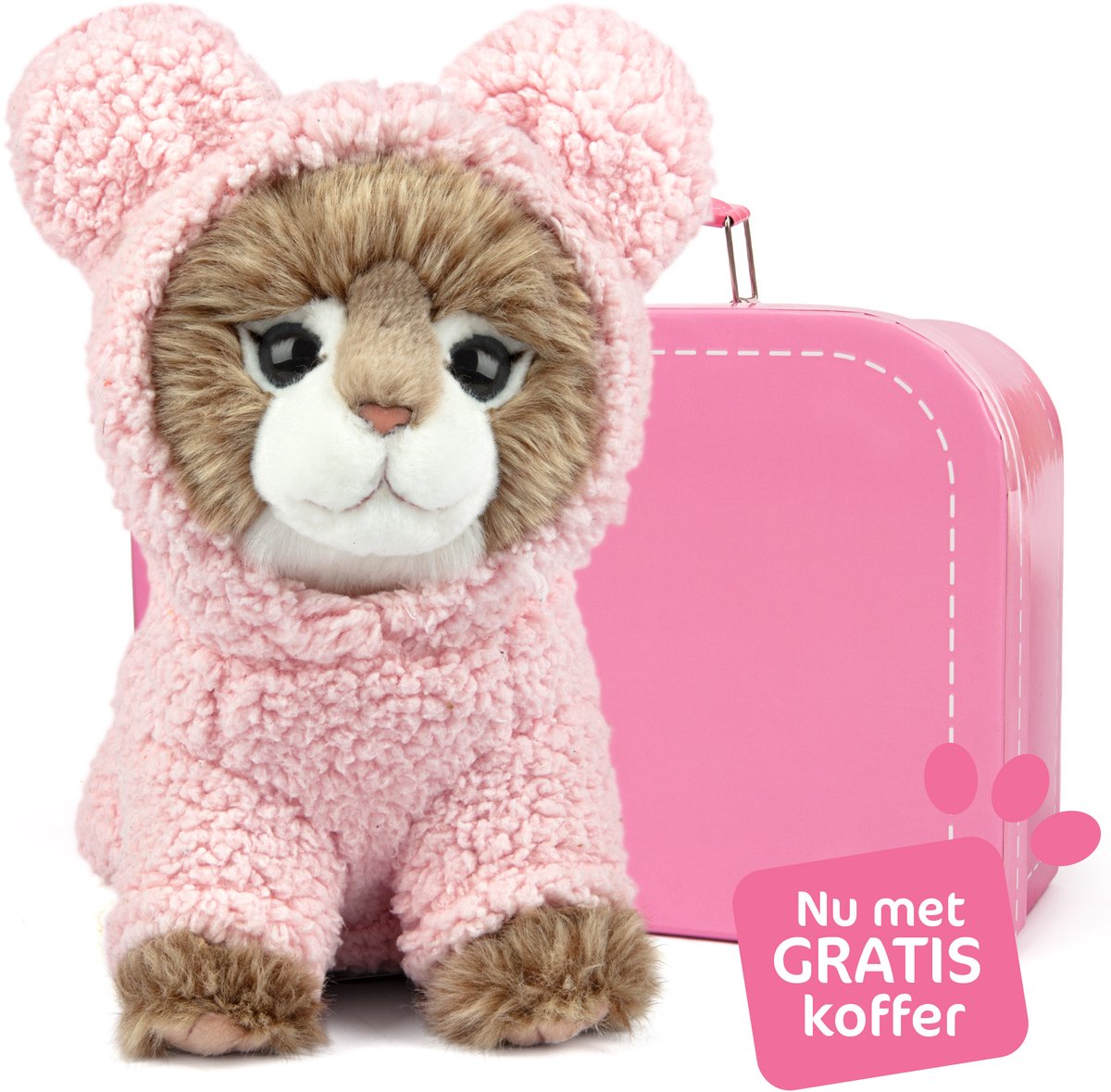 Studio Pets® Maine Coon kat knuffel Prince 23 cm met GRATIS koffer – pluche knuffel met roze teddy hoodie