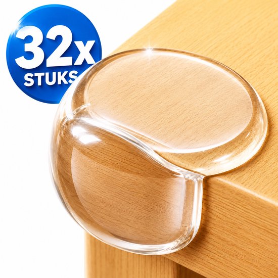 Transparante, ronde hoekbeschermer op een houten tafel. Cirkel met '32x stuks'.