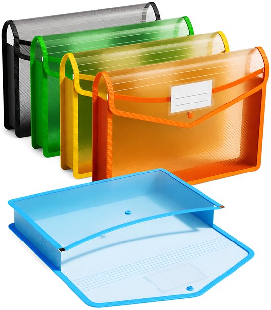 BOTC Documentenmap A4 - 5 stuks - Superdik - 33x 25x7 cm - Documententas - Projectmap - Zwart/Geel/Blauw/Rood/Roze