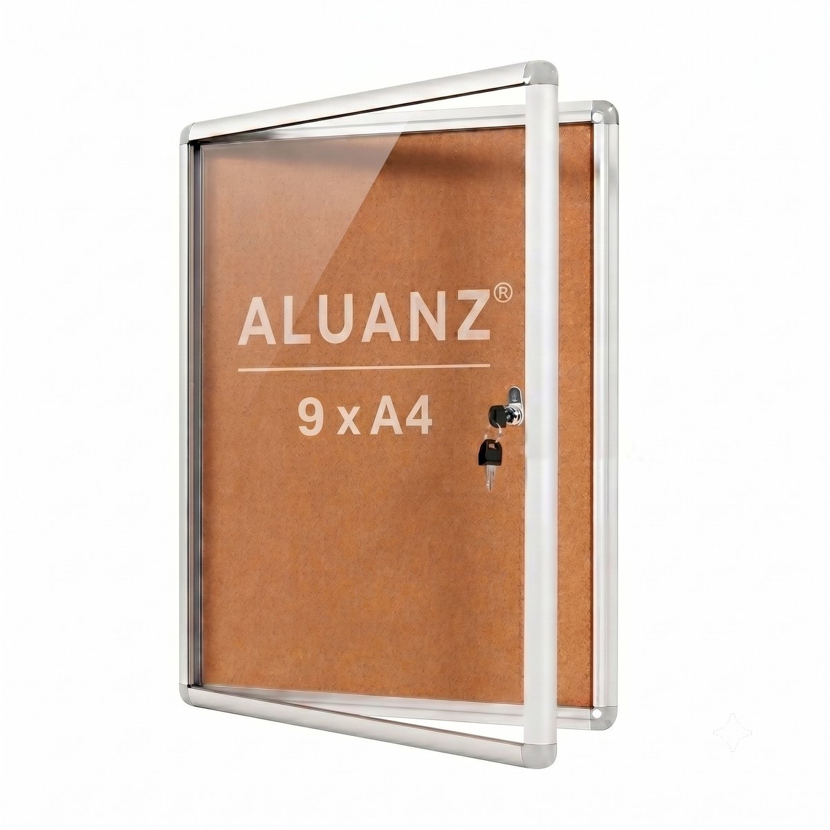 NIEUW: 9 x A4 Formaat Afsluitbare Vitrinekast met Kurken Achterwand - ALUANZ - Postervitrine, Wandvitrine, Notitiebord, Binnenvitrine, Muurvitrine, Mededelingenbord met slot