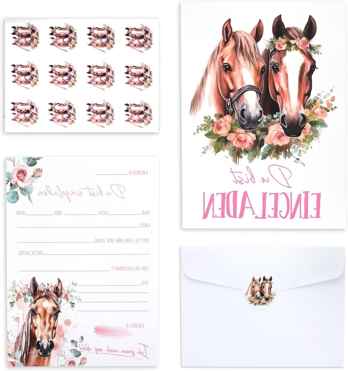 12 Paard Themapartij Uitnodigingen voor Verjaardagsfeestjes - Inclusief Enveloppen en Stickers voor Meisjes