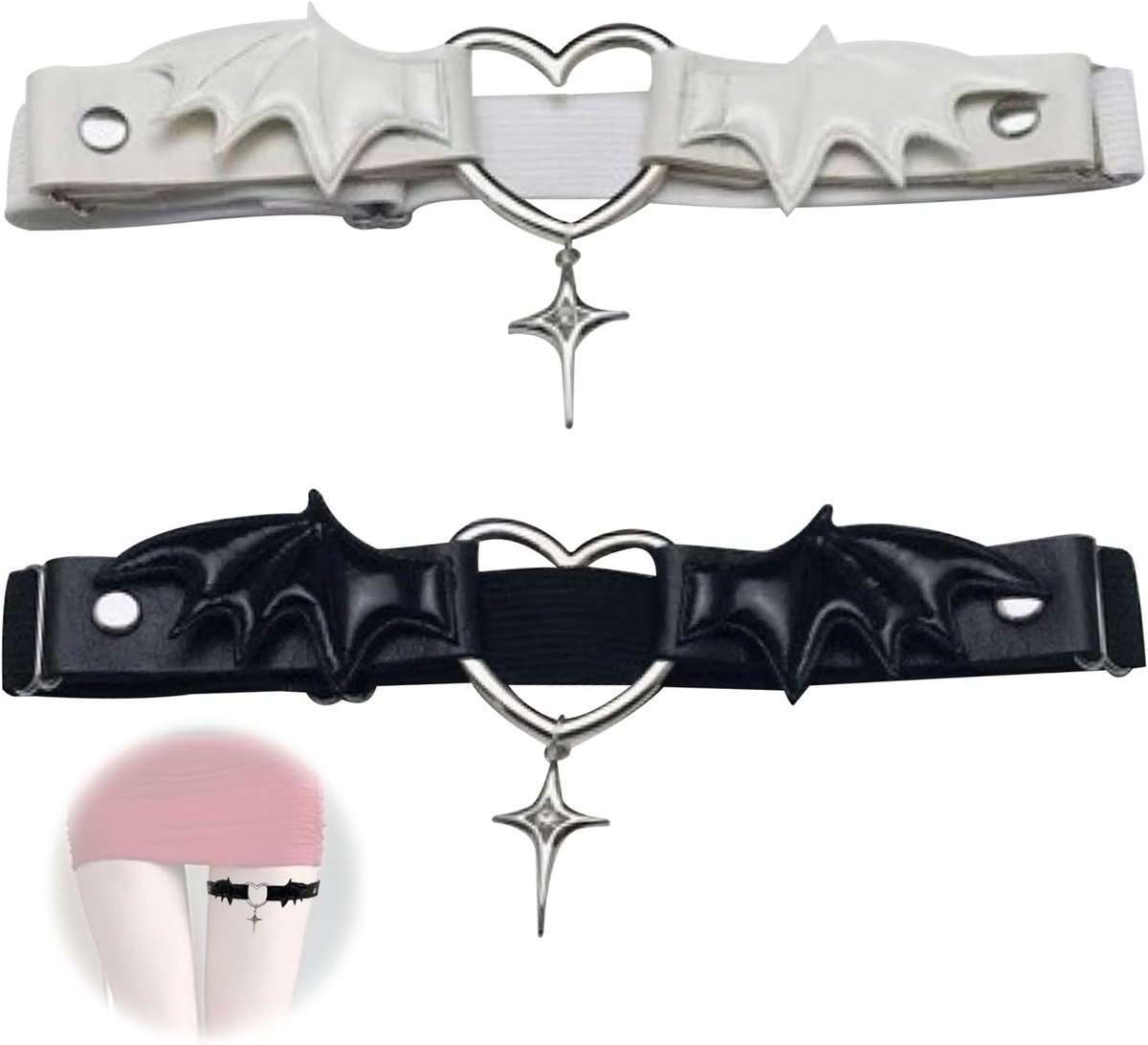 Garter Belt Set van PU Leer met Punk Hartvleugels en Hangertje, Verstelbare Ringen voor Gothic Cosplay en Halloween Feestaccessoires in Zwart en Wit