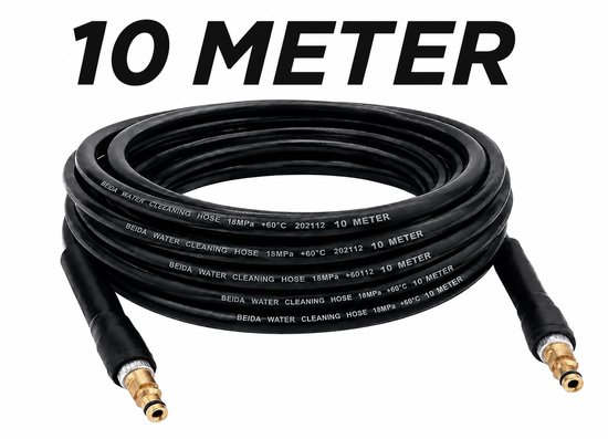 Zwarte 10 meter hogedrukreiniger slang met metalen connectoren.