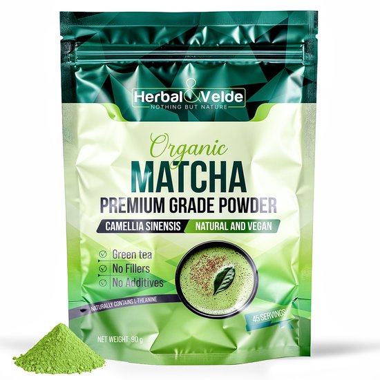 Herbal&Velde® Matcha de qualité supérieure 90g – Poudre de Matcha Biologique – Thé Vert 100% Pur pour l'Énergie et la Concentration