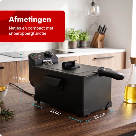 Afmetingen van de zwarte Tomado friteuse: 21,5 cm hoog, 52 cm lang en 22 cm breed. Compact design.