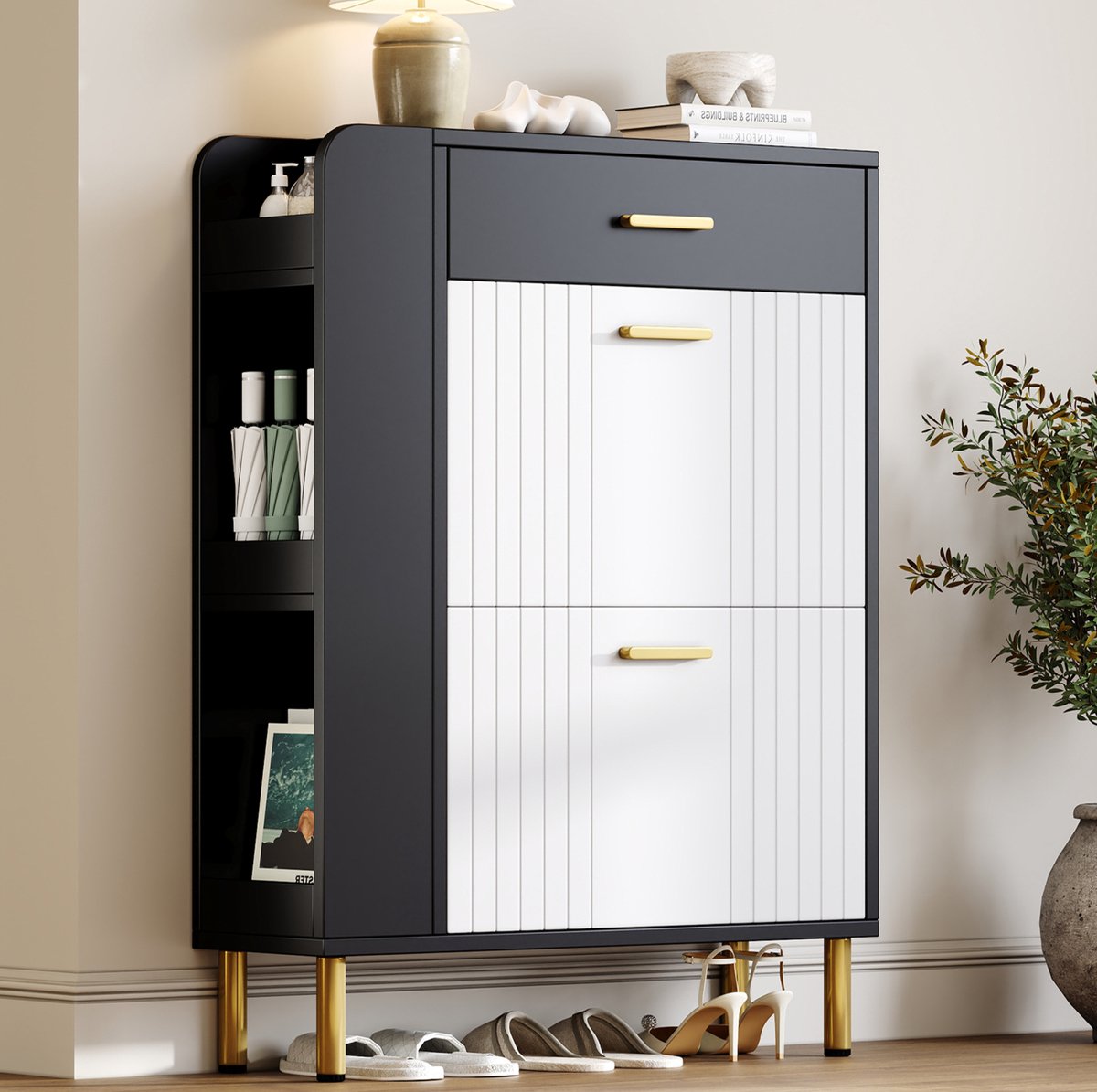 DESMIU Schoenenkast - Smal Ontwerp Met 2 Kleppen En Lade - Voor Hal En Entree - MDF En Spaanplaat - 80x24x105 Cm - Zwart Wit