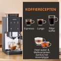 Zwarte Krups Coffee Crush koffiemachine met koffierecepten: espresso, lungo, filterkoffie, heet water en melk.