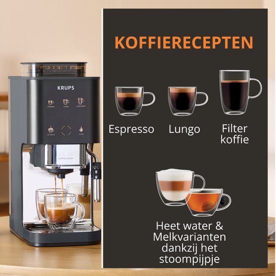 Zwarte Krups Coffee Crush koffiemachine met koffierecepten: espresso, lungo, filterkoffie, heet water en melk.