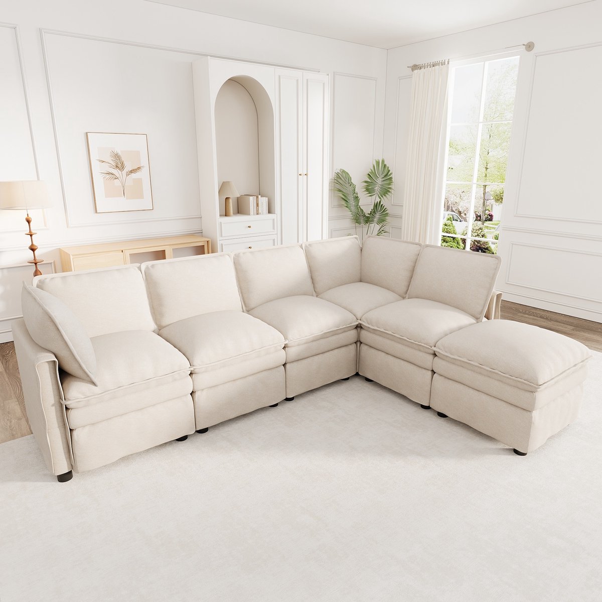 OKWISH Hoekbank 344 x 127 x 91 cm - Modulaire 6-Zits Bank Met Slaapfunctie En Verplaatsbare Hocker - Voor Woonkamer Of Kantoor - Chenille - Beige