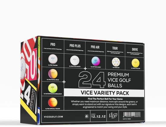 Doos met 24 Vice Premium golfballen in verschillende kleuren en ontwerpen.