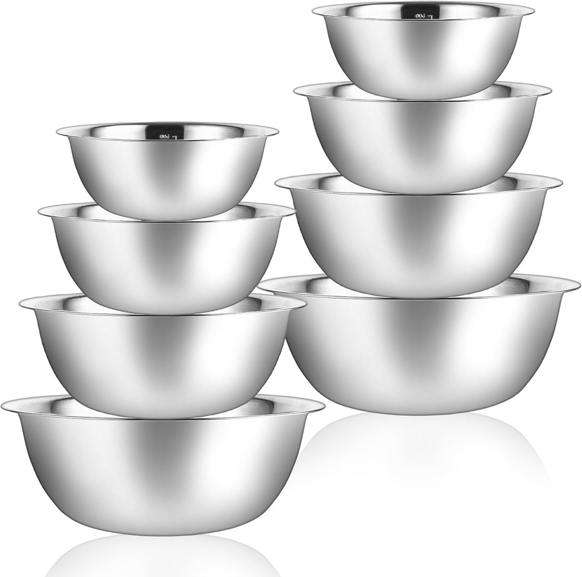 Set van 8 RVS Mengkommen in 4 Maten - Ideaal voor Salades, Bakken en Serveren - 0.9L, 1.6L, 2L, 2.6L