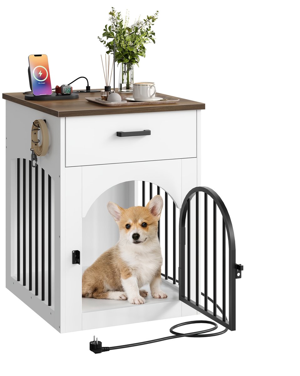 NordPaw® Hondenbench Meubel met Laadstation - Houten Hondenbench met Lade, USB, Stopcontacten en Bijzettafel - Wit/Eiken - 50 x 58 x 70 cm