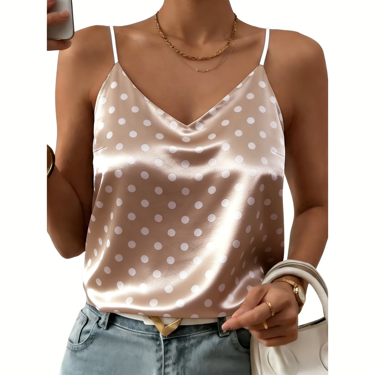 Currero Topje Dames Polkadots - Mouwloze Top - Singlet - Kleding - Shirt - Blouse - Kort - Volwassen - Rozebruin Roze Bruin